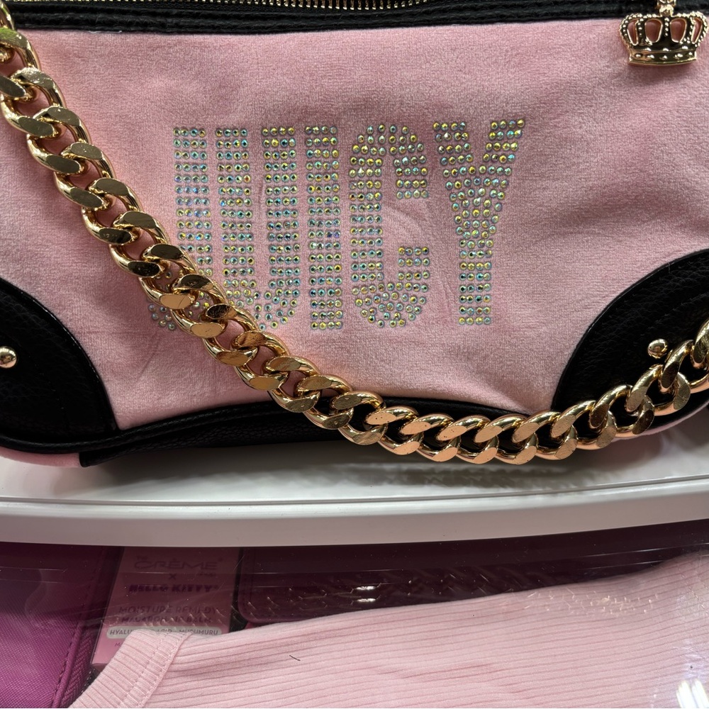 Juicy Couture Pink and Black Shoulder Bag with Rhinestone Detail.